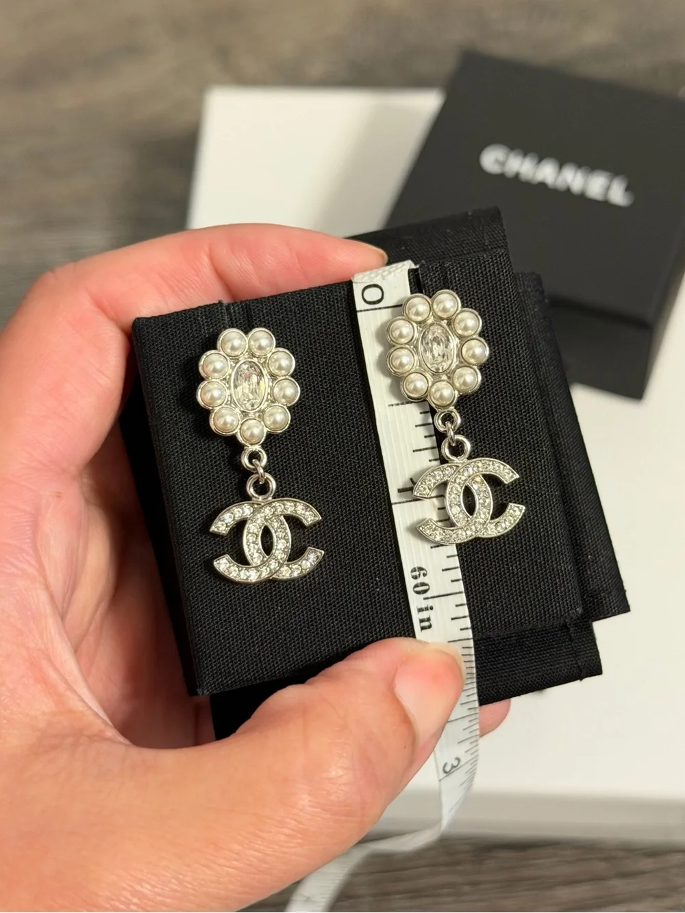 CHANEL Silver Pearl & Crystal CC Dangle Earrings
